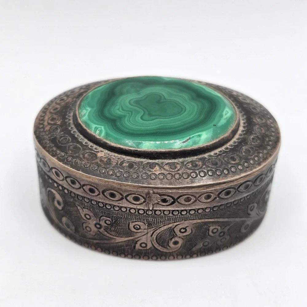 Vintage Antique Sterling Silver Malachite Stone Trinket Box‎